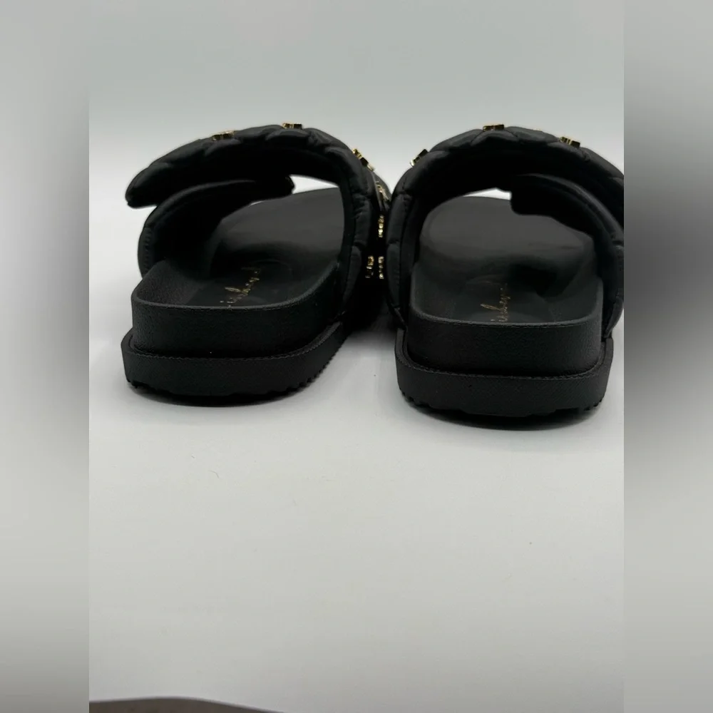 She Is Cheval Black Quilted Slide Sandals W/Gold Accents Comfort Designer Style - Picture 6 of 17